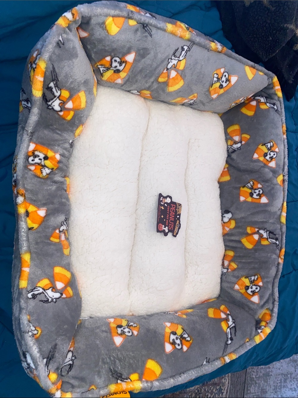 Peanuts Gray & Cream Plush Small Pet Bed with Candy Corn Motif